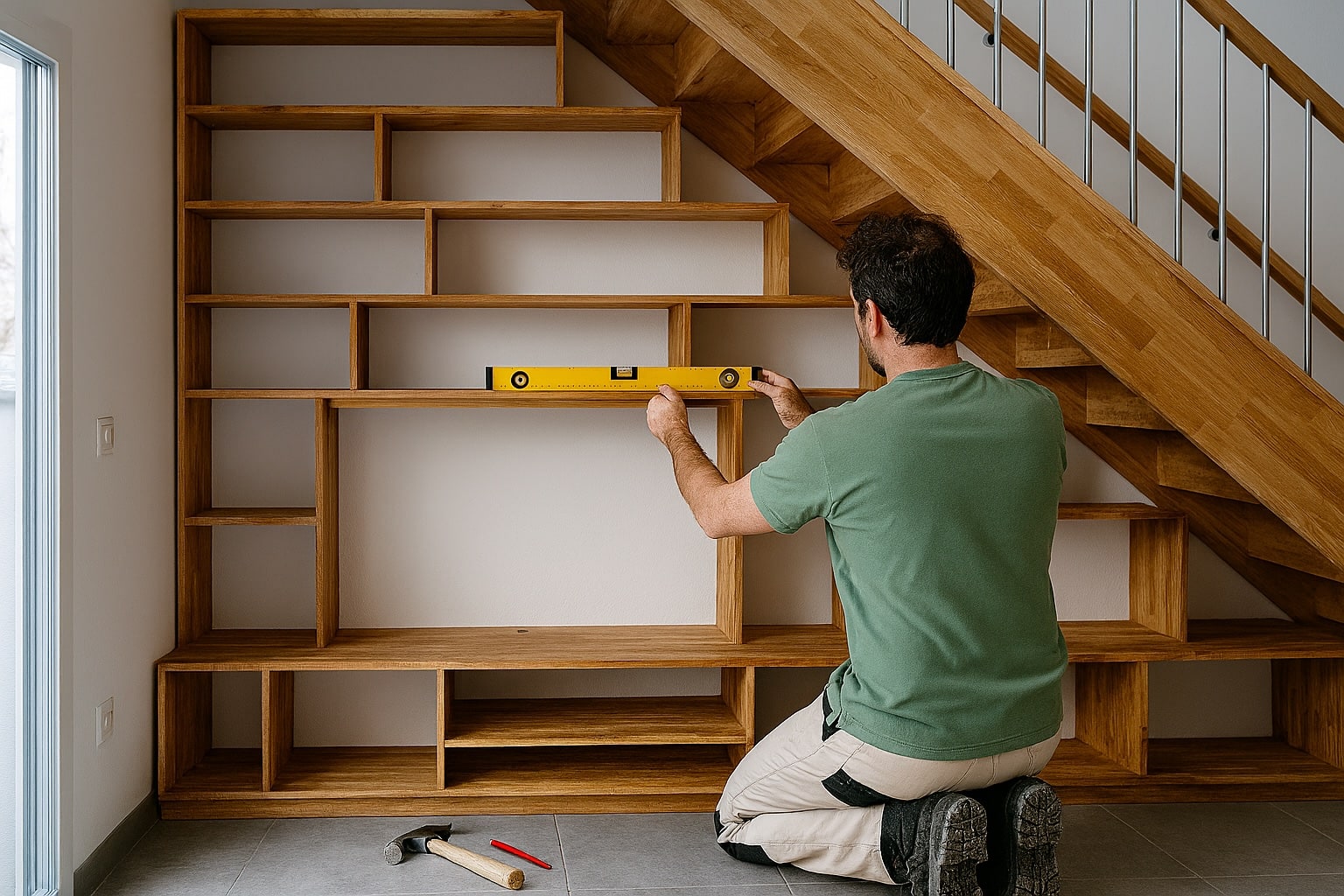 Installation d'une étagère en bois Un homme utilisant un niveau à bulle pour installer une étagère en bois contre un mur intérieur.