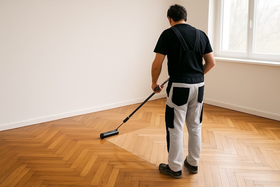 Homme nettoyant un parquet en bois Un homme utilisant un aspirateur pour nettoyer un parquet en bois dans une pièce vide.